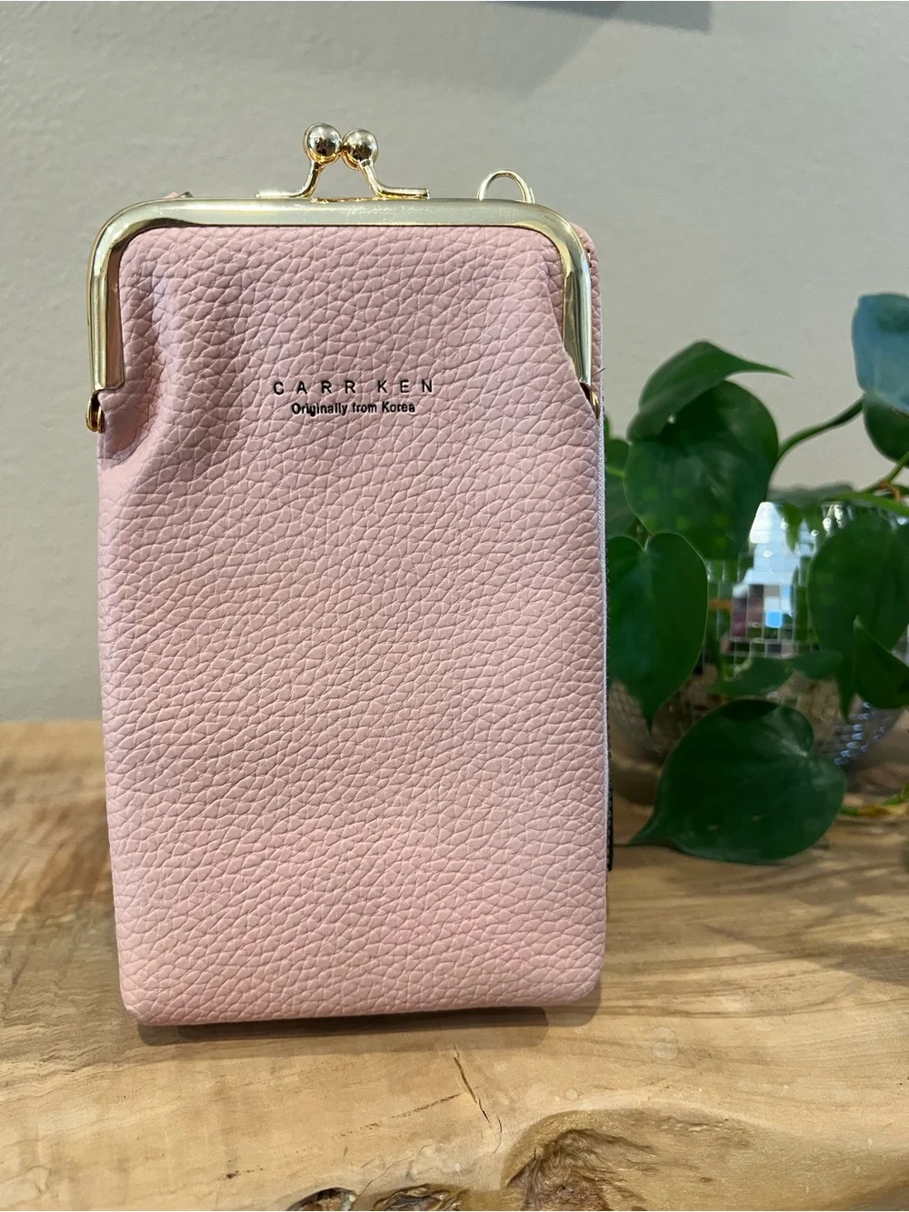 Carr Ken Pink Pebbled Leather Phone Wallet with Gold Frame
